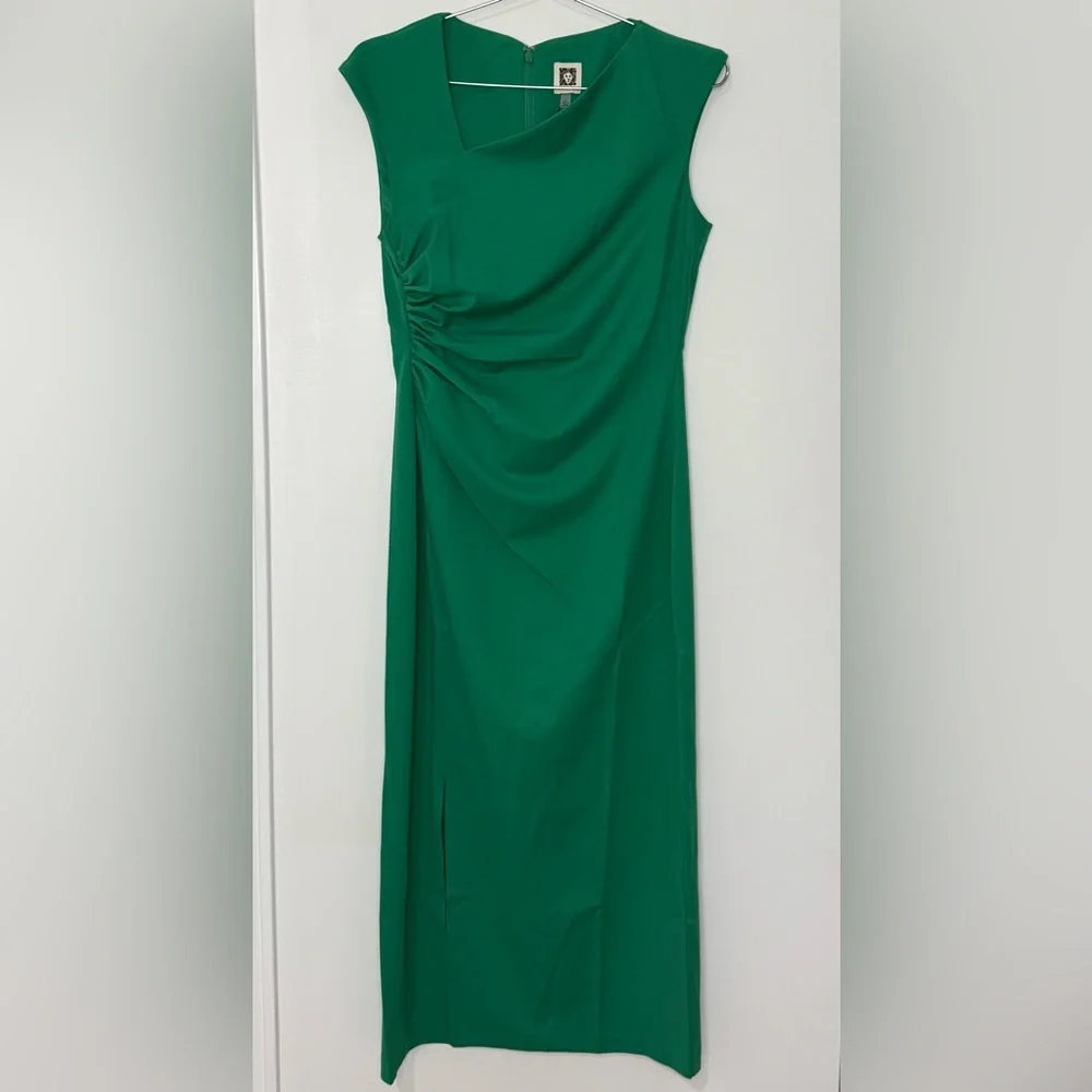 Anne Klein NWT Asymmetric Ruched Midi Dress in Green Sprig - Picture 2 of 5